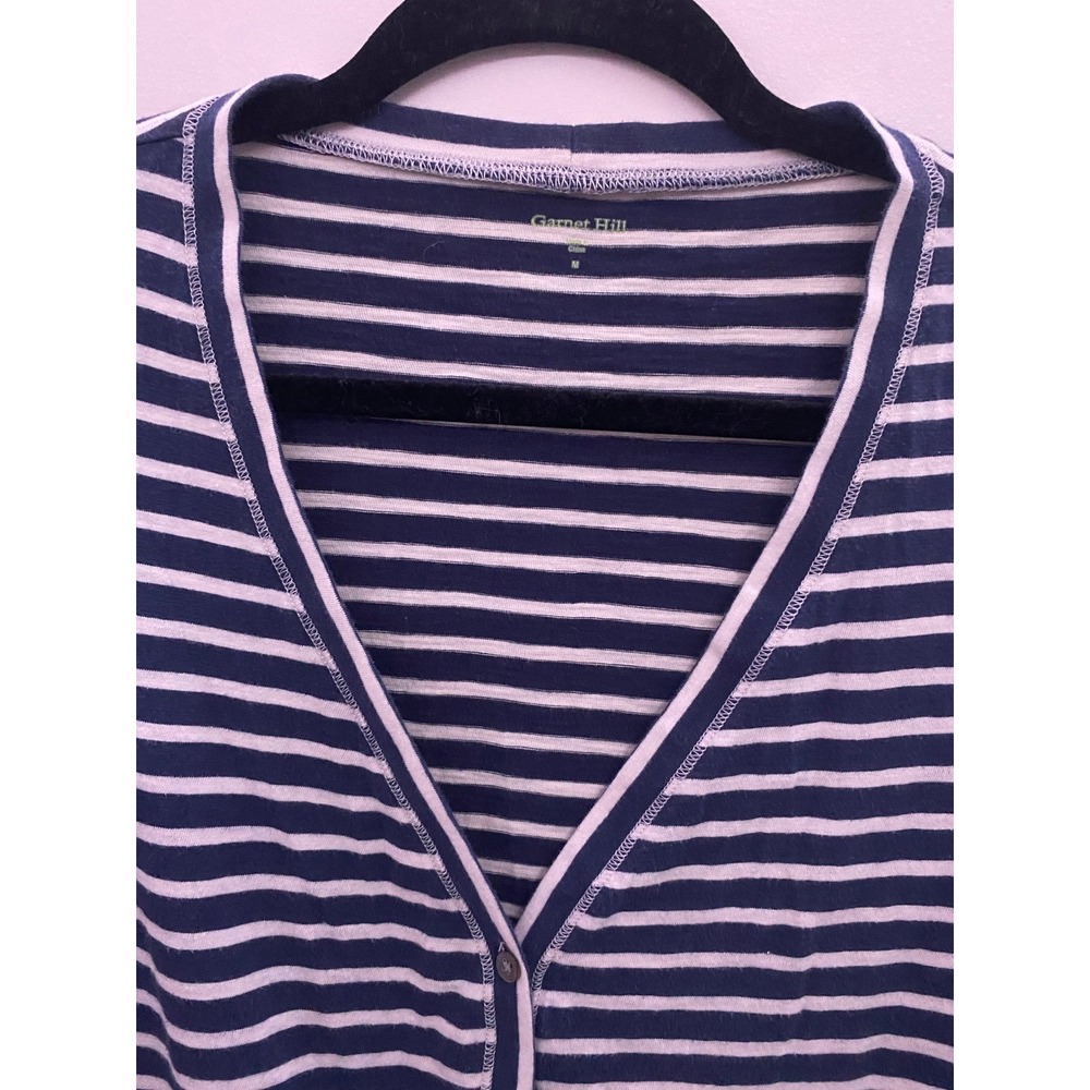 Garnet Hill Navy and White Stripe Cardigan. Women's size M - Picture 2 of 12